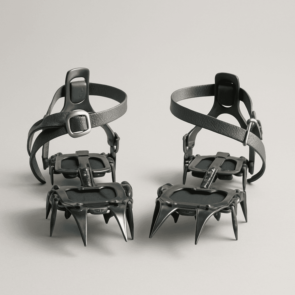 Crampons, ice axe, harness, helmet, and two carabiners